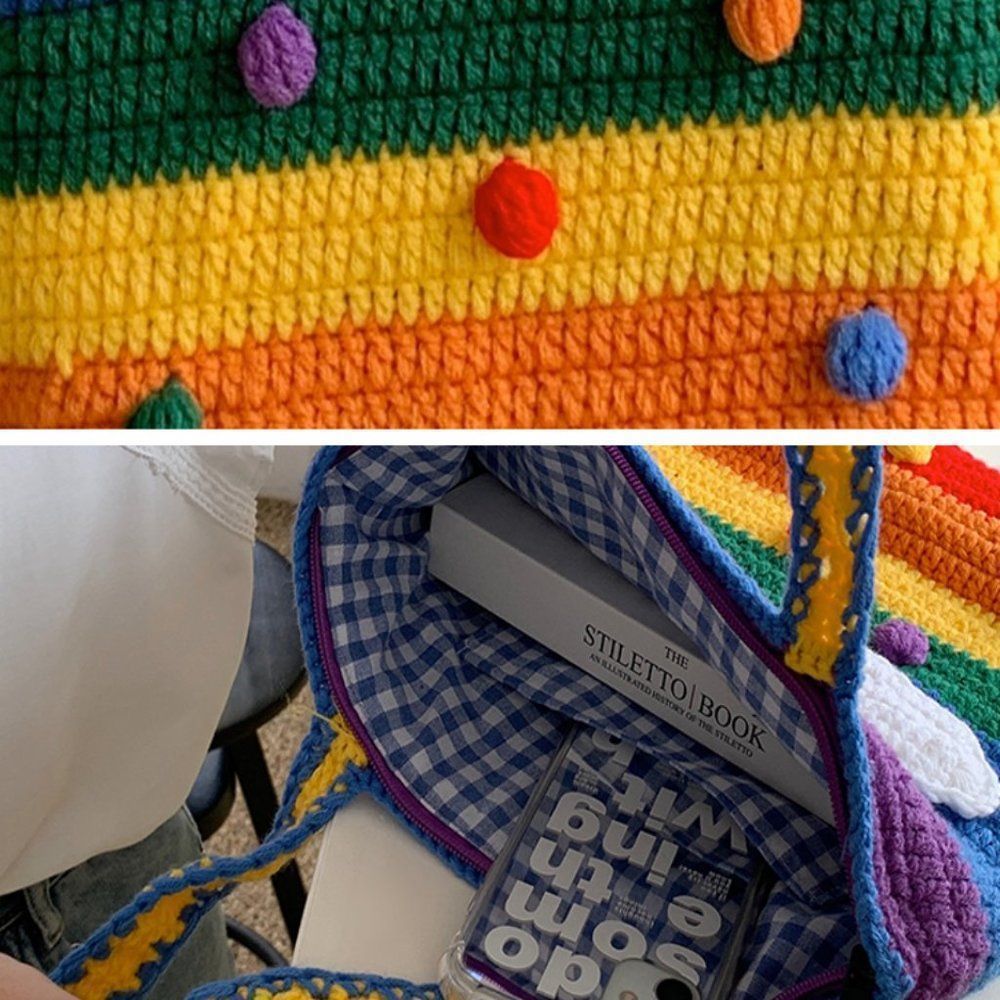 Rainbow Striped Knitted Bag | Women Handmade Crochet Shoulder Bag - Picture 5 of 6